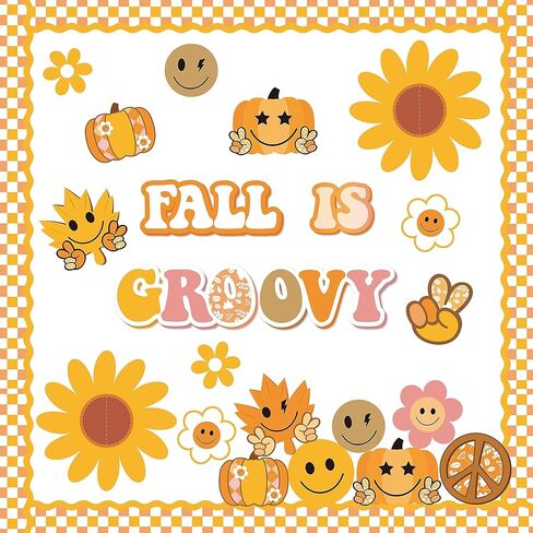 Xqumoi 96Pcs Retro Fall is Groovy Decorations Hippie Boho Autumn Pumpkin Maple Leaves Daisy Boarder Trim for Thanksgiving School Classroom Home Office Chalkboard Wall Decor in Kuwait