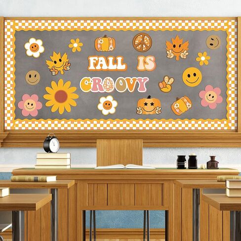 Xqumoi 96Pcs Retro Fall is Groovy Decorations Hippie Boho Autumn Pumpkin Maple Leaves Daisy Boarder Trim for Thanksgiving School Classroom Home Office Chalkboard Wall Decor in Kuwait
