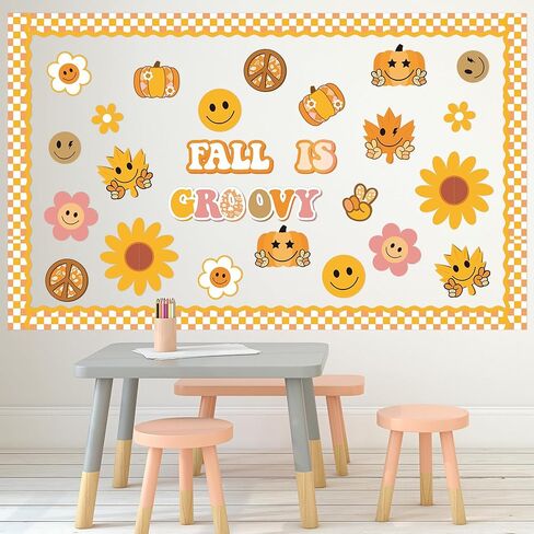 Xqumoi 96Pcs Retro Fall is Groovy Decorations Hippie Boho Autumn Pumpkin Maple Leaves Daisy Boarder Trim for Thanksgiving School Classroom Home Office Chalkboard Wall Decor in Kuwait
