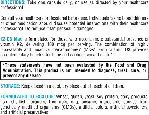 XYMOGEN K2-D3 Max - Vitamin D3 K2 with 180mcg VIT K Per Capsule - Bioavailable Vitamin D 5000 IU (Cholecalciferol) with Vitamin K2 MK-7 - Bone Health + Immune Support Supplement (60 Capsules) in Saudi Arabia
