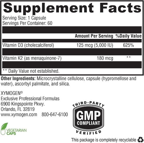 XYMOGEN K2-D3 Max - Vitamin D3 K2 with 180mcg VIT K Per Capsule - Bioavailable Vitamin D 5000 IU (Cholecalciferol) with Vitamin K2 MK-7 - Bone Health + Immune Support Supplement (60 Capsules) in Saudi Arabia