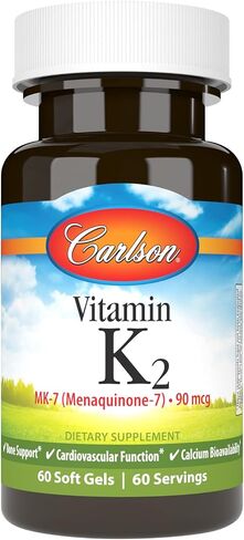 Carlson - Vitamin K2 MK-7 (Menaquinone), 90 mcg, Bone Support, Calcium Bioavailability, K2 Vitamin, Vitamin K-2, 60 Softgels in Saudi Arabia