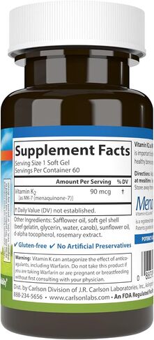 Carlson - Vitamin K2 MK-7 (Menaquinone), 90 mcg, Bone Support, Calcium Bioavailability, K2 Vitamin, Vitamin K-2, 60 Softgels in Saudi Arabia