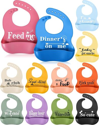 Mepase Set of 12 Cute Silicone Baby Bibs with Buckle Adjustable Fit Waterproof 3D Feeding Bibs for Babies Toddlers with Cute Words Soft Unisex Toddler Bib with 3D Pouch for Kids Boys Girls Eating in Saudi Arabia
