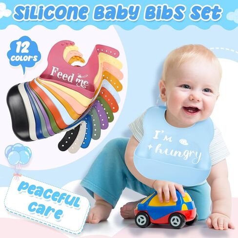 Mepase Set of 12 Cute Silicone Baby Bibs with Buckle Adjustable Fit Waterproof 3D Feeding Bibs for Babies Toddlers with Cute Words Soft Unisex Toddler Bib with 3D Pouch for Kids Boys Girls Eating in Saudi Arabia