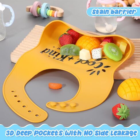Mepase Set of 12 Cute Silicone Baby Bibs with Buckle Adjustable Fit Waterproof 3D Feeding Bibs for Babies Toddlers with Cute Words Soft Unisex Toddler Bib with 3D Pouch for Kids Boys Girls Eating in Saudi Arabia