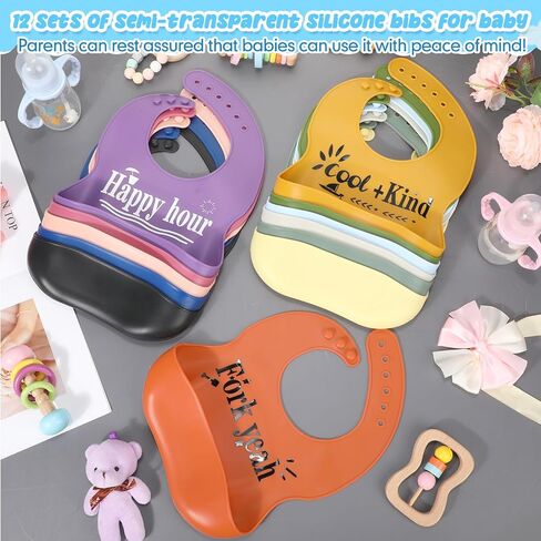 Mepase Set of 12 Cute Silicone Baby Bibs with Buckle Adjustable Fit Waterproof 3D Feeding Bibs for Babies Toddlers with Cute Words Soft Unisex Toddler Bib with 3D Pouch for Kids Boys Girls Eating in Saudi Arabia