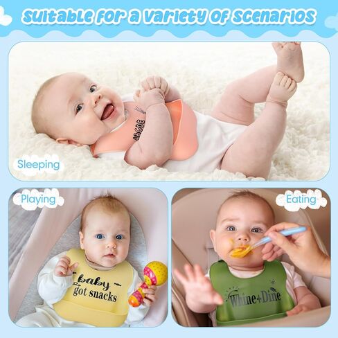 Mepase Set of 12 Cute Silicone Baby Bibs with Buckle Adjustable Fit Waterproof 3D Feeding Bibs for Babies Toddlers with Cute Words Soft Unisex Toddler Bib with 3D Pouch for Kids Boys Girls Eating in Saudi Arabia