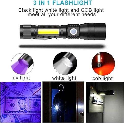 Karrong UV Flashlight Rechargeable, Black Light Flashlights, 2000lm Pocket-Sized T6 LED Torch with Clip, Water Resistant, 7 Modes for Pet Clothing Detection/Emergency/Camping 2pack in Kuwait