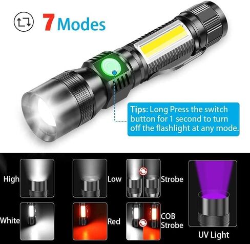 Karrong UV Flashlight Rechargeable, Black Light Flashlights, 2000lm Pocket-Sized T6 LED Torch with Clip, Water Resistant, 7 Modes for Pet Clothing Detection/Emergency/Camping 2pack in Kuwait