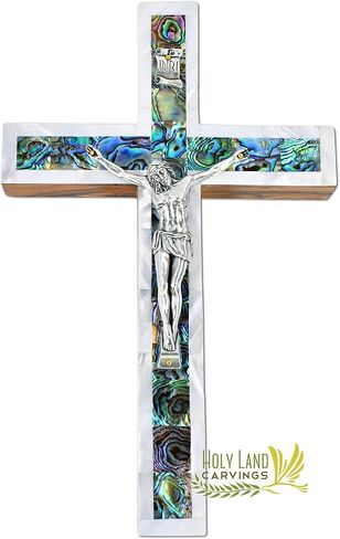 10 Inch Large Mother of Pearl Wall Crucifix, Olive Wood Cross for Wall Covered with Mother of Pearl Made in the Holy Land in Saudi Arabia