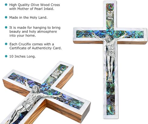 10 Inch Large Mother of Pearl Wall Crucifix, Olive Wood Cross for Wall Covered with Mother of Pearl Made in the Holy Land in Saudi Arabia