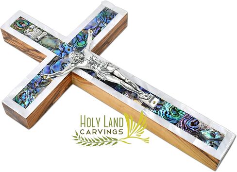 10 Inch Large Mother of Pearl Wall Crucifix, Olive Wood Cross for Wall Covered with Mother of Pearl Made in the Holy Land in Saudi Arabia