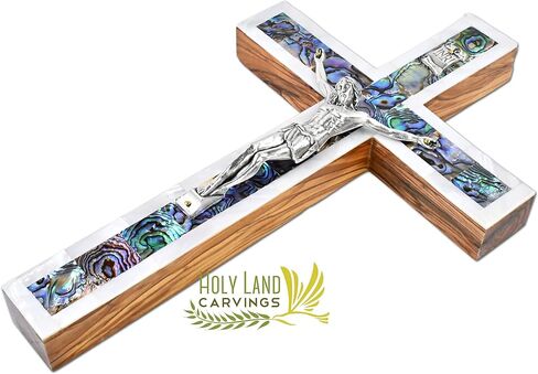 10 Inch Large Mother of Pearl Wall Crucifix, Olive Wood Cross for Wall Covered with Mother of Pearl Made in the Holy Land in Saudi Arabia