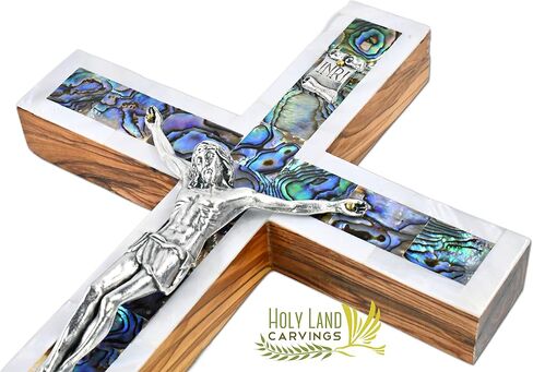 10 Inch Large Mother of Pearl Wall Crucifix, Olive Wood Cross for Wall Covered with Mother of Pearl Made in the Holy Land in Saudi Arabia