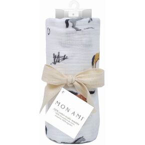 MON AMI ‘French Swan’ Cotton Muslin Swaddle Blanket – 47x47", Neutral Receiving Blanket for Newborns, Baby Swaddle Wraps for Boys & Girls