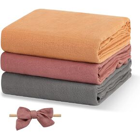 Papablic Muslin Swaddle Blankets, 4-Pack Soft Silky Swaddle Blankets for Boys and Girls, Bamboo & Cotton Newborn Receiving Blanket with 2 Hair Bows, Solid Color, Large 47 x 47 inches