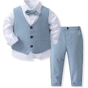 Baby Boys Gentleman Formal Suit Set with Vest, Pant, Shirt, and Bow Tie, Weding 4Pcs Outfit in Kuwait