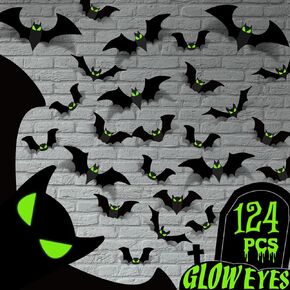 Halloween Decorations Indoor - Bats Wall Decor Halloween Decorations Halloween Party Decorations Halloween Decor 3D Bats for Home Room Bathroom Wall Outdoor 124 Pcs Glow Eyes Bats in Kuwait