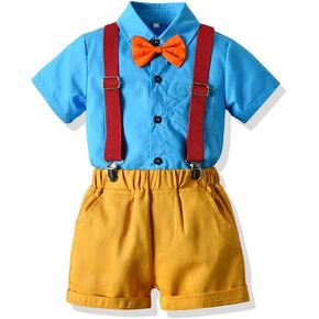 Baby Boys Gentleman Outfit Suits, Infant Boys Short Pants Set, Short Sleeve Shirt+Suspender Pants+Bow Tie in Kuwait