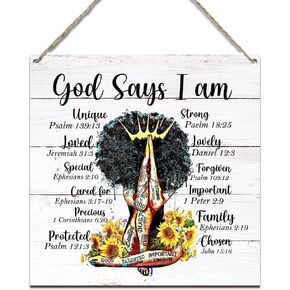 علامة معلقة مسيحية، مكتوب على فتاة سوداء أمريكية أفريقية يقول الله أنا تأكيدات، لافتات خشبية معلقة لديكور غرفة الفتيات في المنزل، هدايا تشجيعية للنساء 11.8 × 11.8 بوصة (J675) in Kuwait