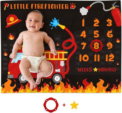بطانية طفل من Gicoherero Fire Truck Baby Milestone لصبي صغير من رجال الإطفاء، مخطط النمو الشهري، بطانية ناعمة من الصوف المخملي لحديثي الولادة، خلفية تصوير فوتوغرافي in Kuwait