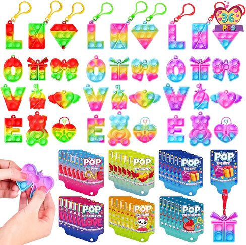 FUN LITTLE TOYS Pop Keychain Fidget Toy, 36 set Pop It Keychain with Valentine's Day Cards for 4-12 Kids Classroom suitable for Kids Valentines Day Gifts Birthday Prizes in Kuwait