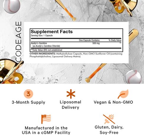 Codeage Liposomal Acetyl-L-Carnitine 500mg Supplement, 3-Month Supply - Liposomal ACL for Enhanced Absorption - Energy, Healthy Brain, Cognitive Support - 1 Capsule a Day, Vegan, Non-GMO, 90 Capsules in Saudi Arabia