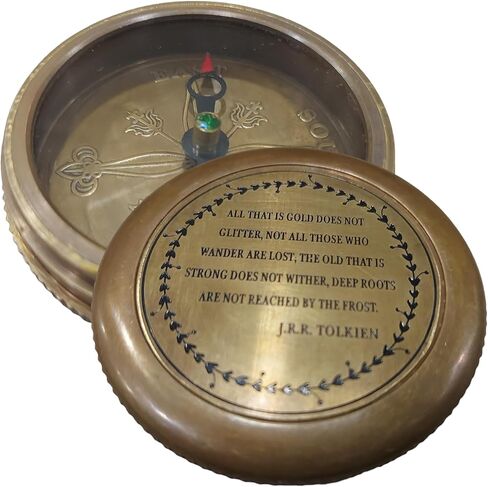 بوصلة نحاسية عتيقة مستوحاة من تولكين مع حافظة جلدية من دولتشي - بوصلة اتجاهية مغناطيسية للملاحة والتخييم والمشي لمسافات طويلة والرحلات - "Not All Who Wander are Lost" - هدية فريدة in Kuwait