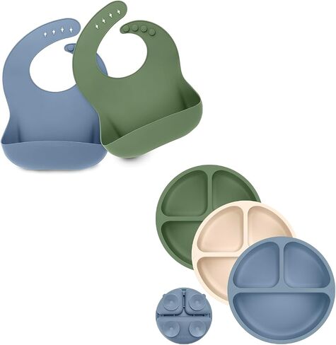 KeaBabies 2-Pack Silicone Bibs For Babies Suction Plates for Baby, Toddler - Silicone Baby Bibs for Eating, 3-Pack 100% Silicone Toddler Plates, Food-Grade Pure Silicone Bib in Saudi Arabia