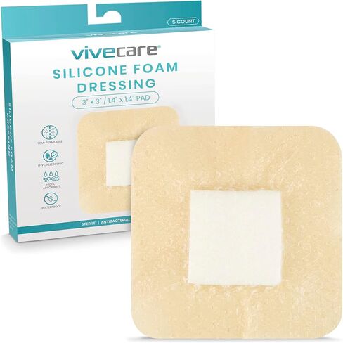 ViveCare Silicone Foam Dressing 2x2 with Border Adhesive - Bed Sore Bandage Foam Wound Dressing - Silicone Bordered Foam Dressing with Adhesive Border - Pressure Sore & Ulcer Wound Patches (5 Pack) in Kuwait