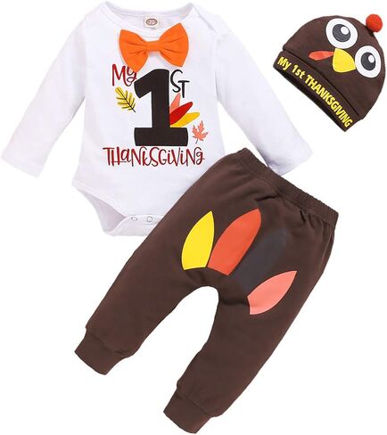 Newborn Baby Boy 1st Thanksgiving Pant Set T-Shirt Romper+Long Pants+Turkey Hat 3PCS Outfits in Kuwait