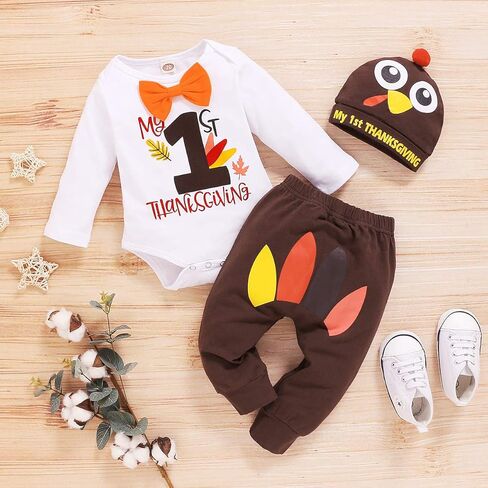 Newborn Baby Boy 1st Thanksgiving Pant Set T-Shirt Romper+Long Pants+Turkey Hat 3PCS Outfits in Kuwait