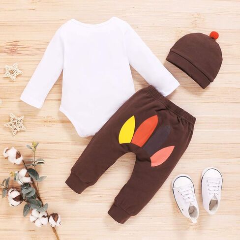 Newborn Baby Boy 1st Thanksgiving Pant Set T-Shirt Romper+Long Pants+Turkey Hat 3PCS Outfits in Kuwait