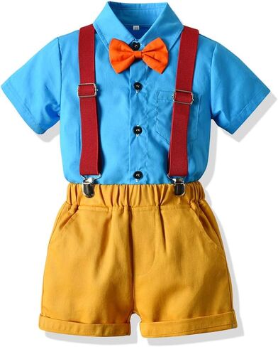 Baby Boys Gentleman Outfit Suits, Infant Boys Short Pants Set, Short Sleeve Shirt+Suspender Pants+Bow Tie in Kuwait