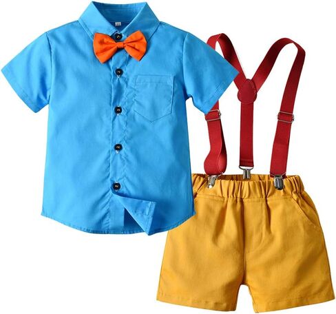 Baby Boys Gentleman Outfit Suits, Infant Boys Short Pants Set, Short Sleeve Shirt+Suspender Pants+Bow Tie in Kuwait