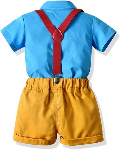 Baby Boys Gentleman Outfit Suits, Infant Boys Short Pants Set, Short Sleeve Shirt+Suspender Pants+Bow Tie in Kuwait