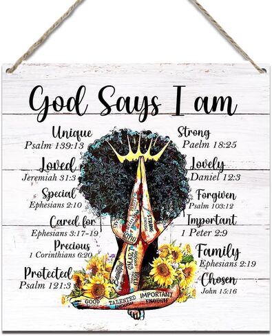 علامة معلقة مسيحية، مكتوب على فتاة سوداء أمريكية أفريقية يقول الله أنا تأكيدات، لافتات خشبية معلقة لديكور غرفة الفتيات في المنزل، هدايا تشجيعية للنساء 11.8 × 11.8 بوصة (J675) in Kuwait