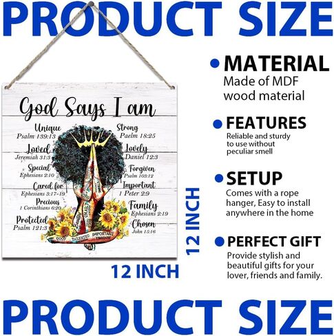علامة معلقة مسيحية، مكتوب على فتاة سوداء أمريكية أفريقية يقول الله أنا تأكيدات، لافتات خشبية معلقة لديكور غرفة الفتيات في المنزل، هدايا تشجيعية للنساء 11.8 × 11.8 بوصة (J675) in Kuwait