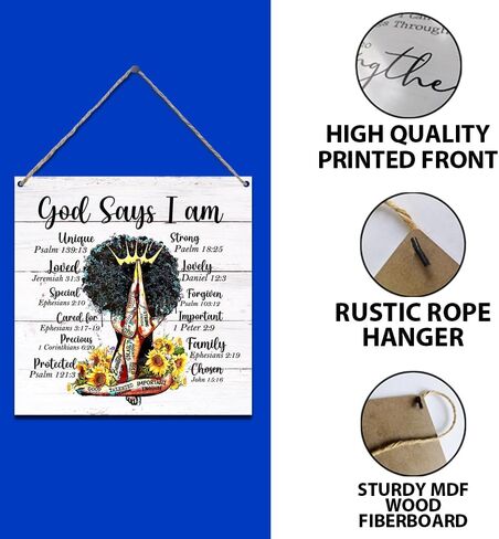 علامة معلقة مسيحية، مكتوب على فتاة سوداء أمريكية أفريقية يقول الله أنا تأكيدات، لافتات خشبية معلقة لديكور غرفة الفتيات في المنزل، هدايا تشجيعية للنساء 11.8 × 11.8 بوصة (J675) in Kuwait