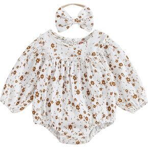 COORALLY Infant Baby Girl Long Sleeve Rompers Lace Trim Solid Color Square Neck Bodysuit with Headband Newborn Bubble Romper