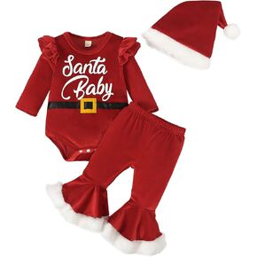 Muasaaluxi Newborn Baby Girl Christmas Outfit Santa Baby Ruffle Romper Onesie Velvet Flared Pants Xmas Hat Winter Clothes in Saudi Arabia
