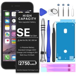 بطارية SHENMZ بقدرة 2750 مللي أمبير في الساعة لهاتف iPhone SE الجيل الأول، استبدال بطارية عالية السعة لهاتف iPhone SE 2016 الجيل الأول A1662، A1723، A1724 (ليس لهاتف iPhone SE 2nd) مع مجموعة أدوات إصلاح in Kuwait