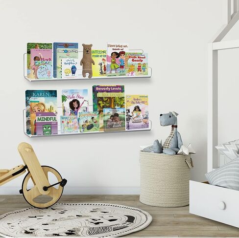 ECOSEAO Kids Floating Bookshelves, Acrylic Wall-Mounted for Small & Thin Books, Clear Invisible Wall Bookshelves Ledge Book Shelf, 5MM Thicker with Free Screwdriver (13.7inch-4Packs) in Saudi Arabia