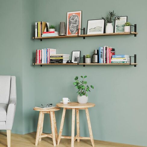 Wallniture Toledo 60"x6" Rustic Floating Shelves for Living Room, Wall Shelves for Bedroom, Wall Mounted Shelves for Office, Kitchen Wall Shelf, Book Shelf for Wall, Set of 2, Burnt in Saudi Arabia