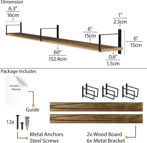 Wallniture Toledo 60"x6" Rustic Floating Shelves for Living Room, Wall Shelves for Bedroom, Wall Mounted Shelves for Office, Kitchen Wall Shelf, Book Shelf for Wall, Set of 2, Burnt in Saudi Arabia