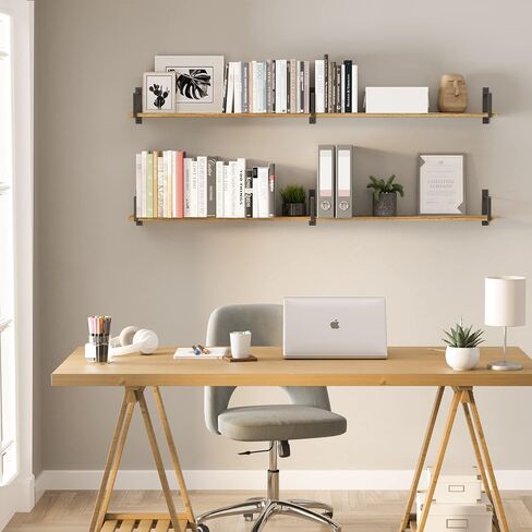 Wallniture Toledo 60"x6" Rustic Floating Shelves for Living Room, Wall Shelves for Bedroom, Wall Mounted Shelves for Office, Kitchen Wall Shelf, Book Shelf for Wall, Set of 2, Burnt in Saudi Arabia