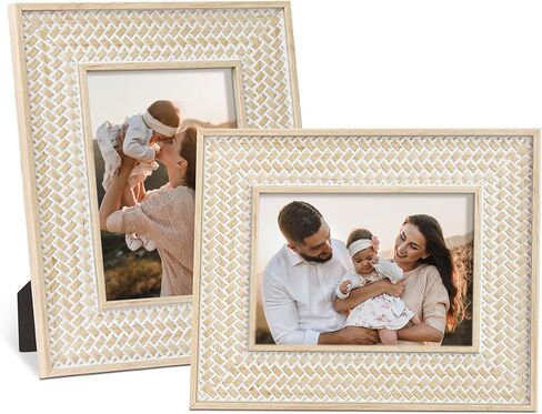 إطارات صور takfot Boho مقاس 5 × 7 إطار صور مزخرف مغربي، عبوة من قطعتين، إطار صورة خشبي بديكور ريفي أبيض متعثر لعرض الحائط وسطح الطاولة للعائلة والأصدقاء in Saudi Arabia