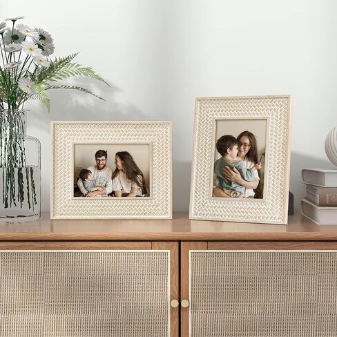 إطارات صور takfot Boho مقاس 5 × 7 إطار صور مزخرف مغربي، عبوة من قطعتين، إطار صورة خشبي بديكور ريفي أبيض متعثر لعرض الحائط وسطح الطاولة للعائلة والأصدقاء in Saudi Arabia