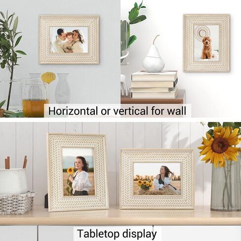 إطارات صور takfot Boho مقاس 5 × 7 إطار صور مزخرف مغربي، عبوة من قطعتين، إطار صورة خشبي بديكور ريفي أبيض متعثر لعرض الحائط وسطح الطاولة للعائلة والأصدقاء in Saudi Arabia